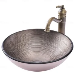 Vessle Sink Circular Stripe Design Basin Modern Tempered Glass Vessel Sink for Bathroom Bathroom Sink Set with Vintage Faucet
