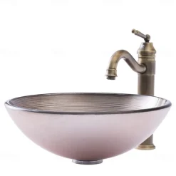 Vessle Sink Circular Stripe Design Basin Modern Tempered Glass Vessel Sink for Bathroom Bathroom Sink Set with Vintage Faucet