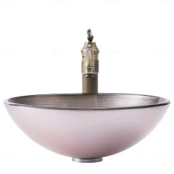 Vessle Sink Circular Stripe Design Basin Modern Tempered Glass Vessel Sink for Bathroom Bathroom Sink Set with Vintage Faucet