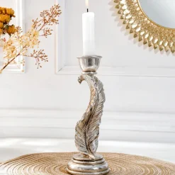 Vintage Antique Silver Feather Candle Holder – Rustic Resin Taper Candle Stand for Home, Wedding, Party, and Dining Table Decoration