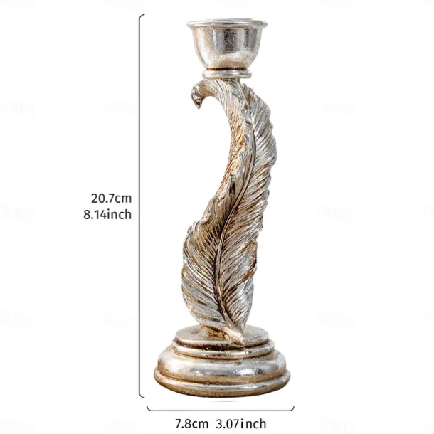 Vintage Antique Silver Feather Candle Holder – Rustic Resin Taper Candle Stand for Home, Wedding, Party, and Dining Table Decoration