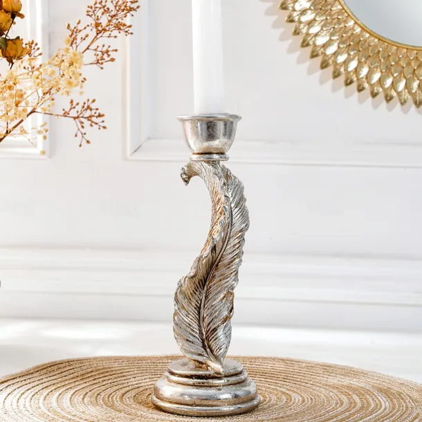 Vintage Antique Silver Feather Candle Holder – Rustic Resin Taper Candle Stand for Home, Wedding, Party, and Dining Table Decoration