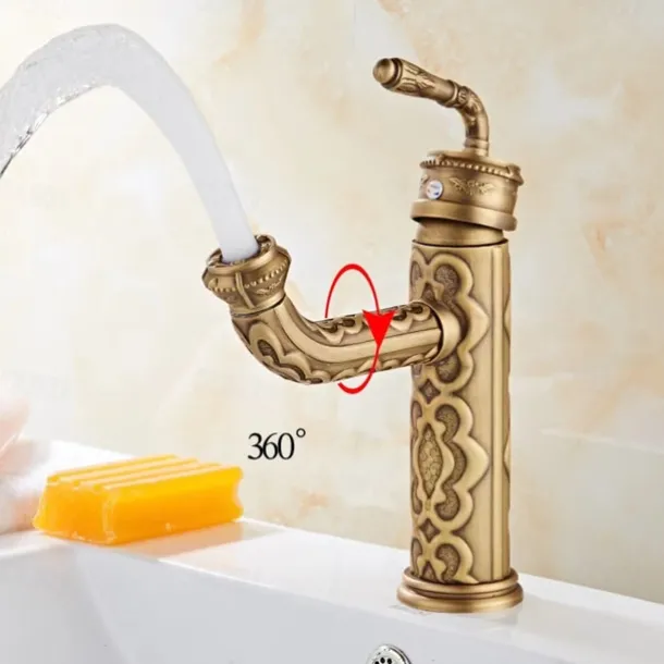Vintage Bathroom Sink Mixer Faucet, 360 Swivel Spout Retro Monobloc Washroom Basin Taps, Antique Water Tap Single Handle One Hole Deck Mounted with Hot and Cold Hose