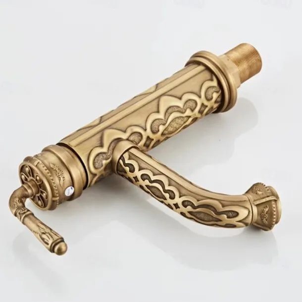 Vintage Bathroom Sink Mixer Faucet, 360 Swivel Spout Retro Monobloc Washroom Basin Taps, Antique Water Tap Single Handle One Hole Deck Mounted with Hot and Cold Hose