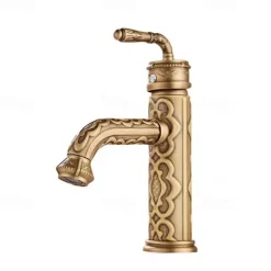 Vintage Bathroom Sink Mixer Faucet, 360 Swivel Spout Retro Monobloc Washroom Basin Taps, Antique Water Tap Single Handle One Hole Deck Mounted with Hot and Cold Hose