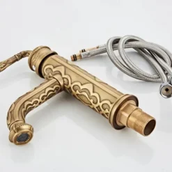 Vintage Bathroom Sink Mixer Faucet, 360 Swivel Spout Retro Monobloc Washroom Basin Taps, Antique Water Tap Single Handle One Hole Deck Mounted with Hot and Cold Hose