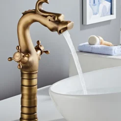 Vintage Bathroom Sink Mixer Faucet, Washroom Mono Basin Taps Classic Antique Brass Centerset Two Handles One Hole Water Tap with Cold Hot Hose