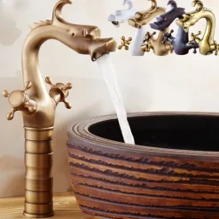 Vintage Bathroom Sink Mixer Faucet, Washroom Mono Basin Taps Classic Antique Brass Centerset Two Handles One Hole Water Tap with Cold Hot Hose