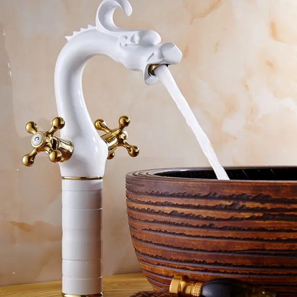 Vintage Bathroom Sink Mixer Faucet, Washroom Mono Basin Taps Classic Antique Brass Centerset Two Handles One Hole Water Tap with Cold Hot Hose