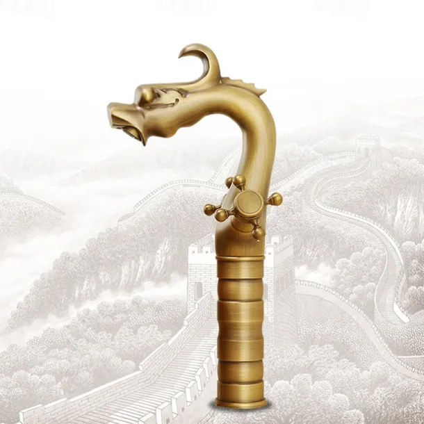 Vintage Bathroom Sink Mixer Faucet, Washroom Mono Basin Taps Classic Antique Brass Centerset Two Handles One Hole Water Tap with Cold Hot Hose