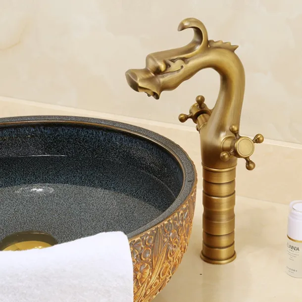 Vintage Bathroom Sink Mixer Faucet, Washroom Mono Basin Taps Classic Antique Brass Centerset Two Handles One Hole Water Tap with Cold Hot Hose