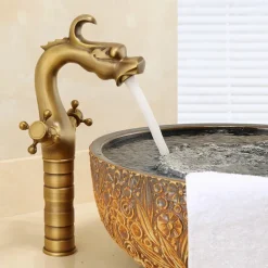 Vintage Bathroom Sink Mixer Faucet, Washroom Mono Basin Taps Classic Antique Brass Centerset Two Handles One Hole Water Tap with Cold Hot Hose