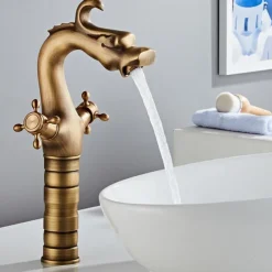 Vintage Bathroom Sink Mixer Faucet, Washroom Mono Basin Taps Classic Antique Brass Centerset Two Handles One Hole Water Tap with Cold Hot Hose