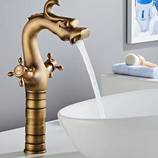 Vintage Bathroom Sink Mixer Faucet, Washroom Mono Basin Taps Classic Antique Brass Centerset Two Handles One Hole Water Tap with Cold Hot Hose