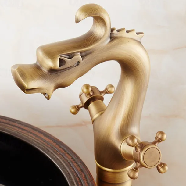 Vintage Bathroom Sink Mixer Faucet, Washroom Mono Basin Taps Classic Antique Brass Centerset Two Handles One Hole Water Tap with Cold Hot Hose