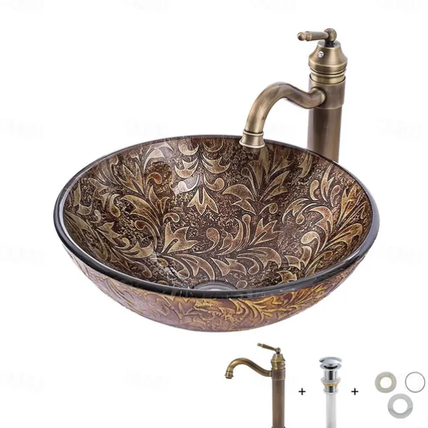 Vintage Bathroom Vessel Sink Set Round 16.5"x5.7", Sink Mixer Faucet and Drain Combo with Pop-up Drain, Boat Shape Tempered Glass Artistic Vessel Vanity Sink Bowl, Above Counter Sink Art Wash Basin