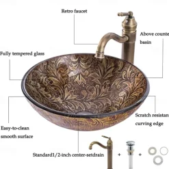 Vintage Bathroom Vessel Sink Set Round 16.5"x5.7", Sink Mixer Faucet and Drain Combo with Pop-up Drain, Boat Shape Tempered Glass Artistic Vessel Vanity Sink Bowl, Above Counter Sink Art Wash Basin