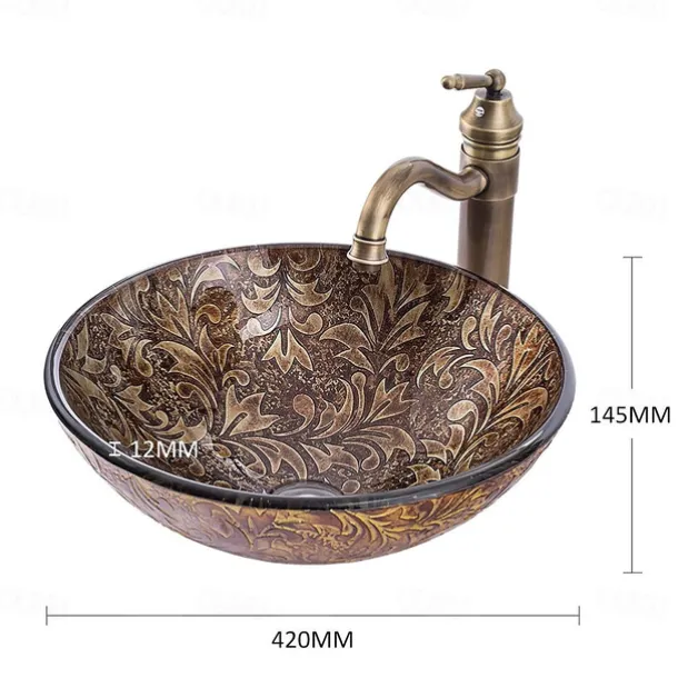 Vintage Bathroom Vessel Sink Set Round 16.5"x5.7", Sink Mixer Faucet and Drain Combo with Pop-up Drain, Boat Shape Tempered Glass Artistic Vessel Vanity Sink Bowl, Above Counter Sink Art Wash Basin