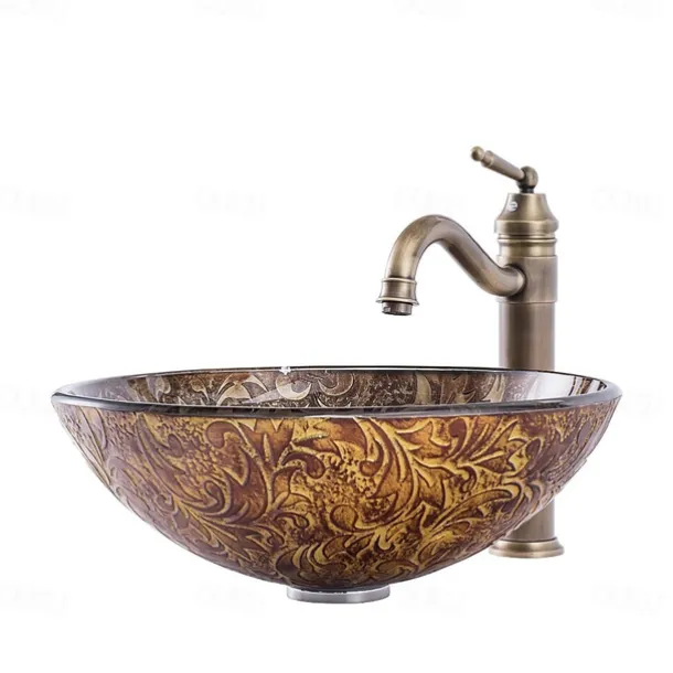 Vintage Bathroom Vessel Sink Set Round 16.5"x5.7", Sink Mixer Faucet and Drain Combo with Pop-up Drain, Boat Shape Tempered Glass Artistic Vessel Vanity Sink Bowl, Above Counter Sink Art Wash Basin