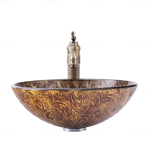 Vintage Bathroom Vessel Sink Set Round 16.5"x5.7", Sink Mixer Faucet and Drain Combo with Pop-up Drain, Boat Shape Tempered Glass Artistic Vessel Vanity Sink Bowl, Above Counter Sink Art Wash Basin