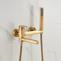 Vintage Bathtub Faucet Dual Spout Wall Mounted Golden, Bath Tub Filler Mixer Brass Tap with Heldhand Showerhand, Ceramic Valve Single Handle Control