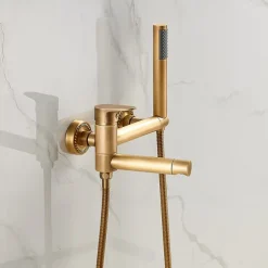 Vintage Bathtub Faucet Dual Spout Wall Mounted Golden, Bath Tub Filler Mixer Brass Tap with Heldhand Showerhand, Ceramic Valve Single Handle Control