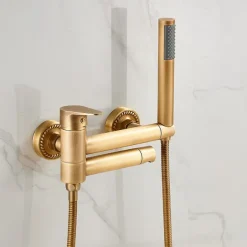 Vintage Bathtub Faucet Dual Spout Wall Mounted Golden, Bath Tub Filler Mixer Brass Tap with Heldhand Showerhand, Ceramic Valve Single Handle Control