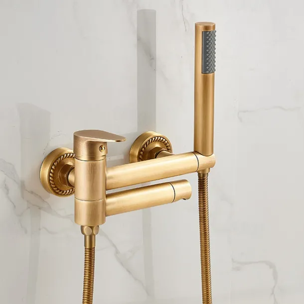 Vintage Bathtub Faucet Dual Spout Wall Mounted Golden, Bath Tub Filler Mixer Brass Tap with Heldhand Showerhand, Ceramic Valve Single Handle Control