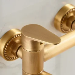 Vintage Bathtub Faucet Dual Spout Wall Mounted Golden, Bath Tub Filler Mixer Brass Tap with Heldhand Showerhand, Ceramic Valve Single Handle Control