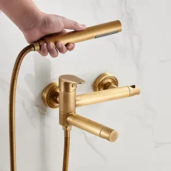 Vintage Bathtub Faucet Dual Spout Wall Mounted Golden, Bath Tub Filler Mixer Brass Tap with Heldhand Showerhand, Ceramic Valve Single Handle Control