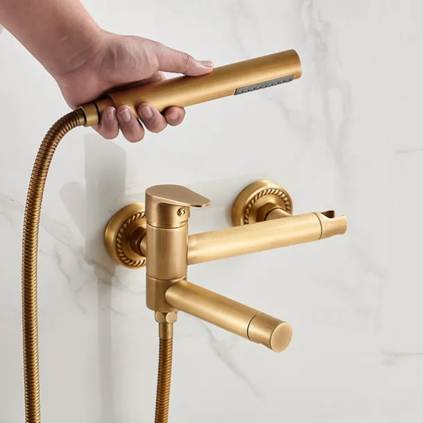 Vintage Bathtub Faucet Dual Spout Wall Mounted Golden, Bath Tub Filler Mixer Brass Tap with Heldhand Showerhand, Ceramic Valve Single Handle Control