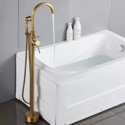 Vintage Bathtub Faucet Floor Mount, Bath Tub Filler Mixer Tap Freestanding with Heldhand Showerhand, 360 Swivel High Arc Spout Standing Shower Faucet