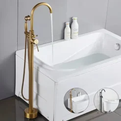 Vintage Bathtub Faucet Floor Mount, Bath Tub Filler Mixer Tap Freestanding with Heldhand Showerhand, 360 Swivel High Arc Spout Standing Shower Faucet