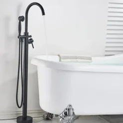 Vintage Bathtub Faucet Floor Mount, Bath Tub Filler Mixer Tap Freestanding with Heldhand Showerhand, 360 Swivel High Arc Spout Standing Shower Faucet