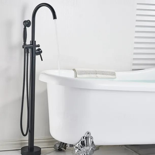 Vintage Bathtub Faucet Floor Mount, Bath Tub Filler Mixer Tap Freestanding with Heldhand Showerhand, 360 Swivel High Arc Spout Standing Shower Faucet