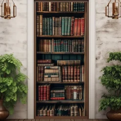 Vintage Bookshelf Door Covers Mural Decor Door Tapestry Door Curtain Decoration Backdrop Door Banner Removable for Front Door Indoor Outdoor Home Room Decoration Farmhouse Decor Supplies