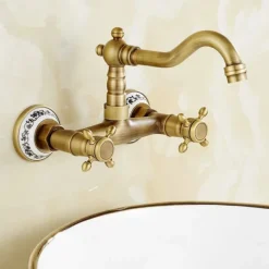 Vintage Brass Bathtub Faucet Wall Mounted Dual Handle Bath Tub Taps, Bathroom Mixer Tap, with Cold and Hot Hose