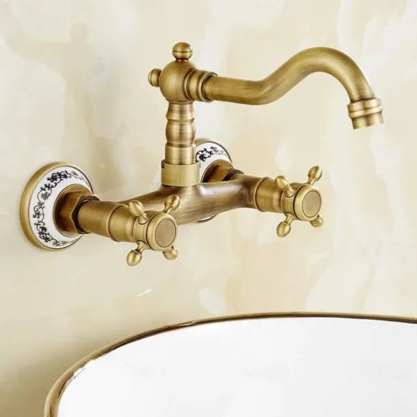 Vintage Brass Bathtub Faucet Wall Mounted Dual Handle Bath Tub Taps, Bathroom Mixer Tap, with Cold and Hot Hose