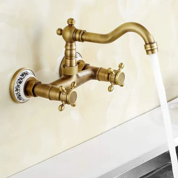 Vintage Brass Bathtub Faucet Wall Mounted Dual Handle Bath Tub Taps, Bathroom Mixer Tap, with Cold and Hot Hose