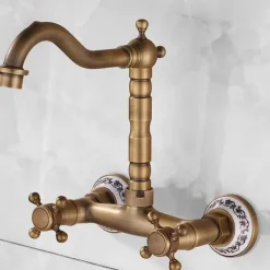 Vintage Brass Bathtub Faucet Wall Mounted Dual Handle Bath Tub Taps, Bathroom Mixer Tap, with Cold and Hot Hose