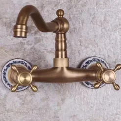 Vintage Brass Bathtub Faucet Wall Mounted Dual Handle Bath Tub Taps, Bathroom Mixer Tap, with Cold and Hot Hose