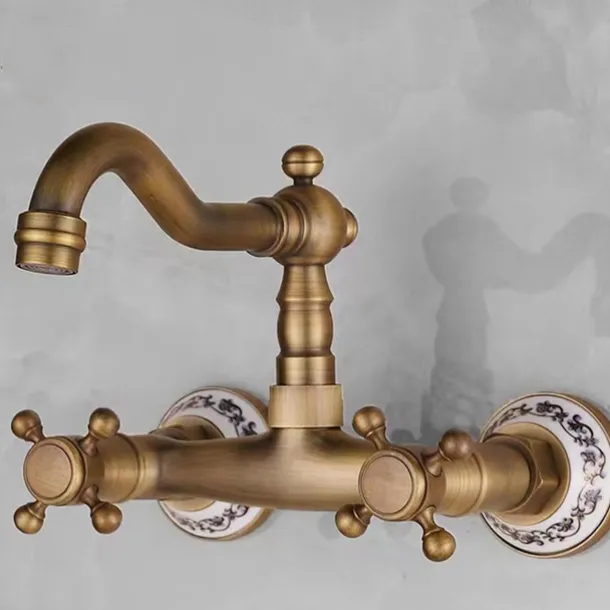 Vintage Brass Bathtub Faucet Wall Mounted Dual Handle Bath Tub Taps, Bathroom Mixer Tap, with Cold and Hot Hose