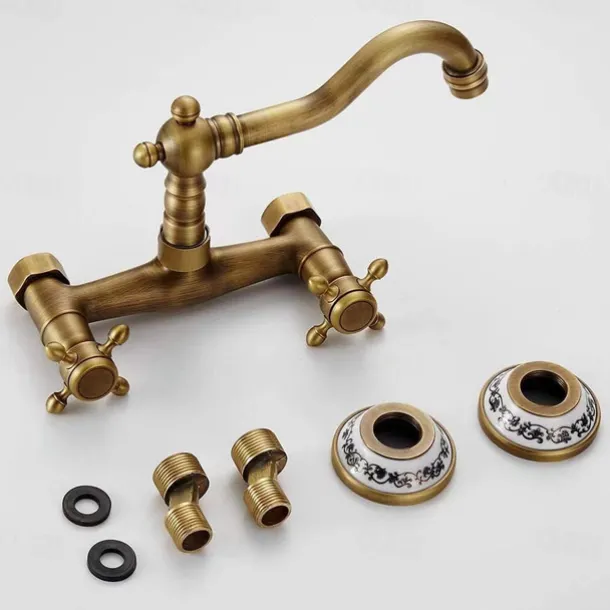 Vintage Brass Bathtub Faucet Wall Mounted Dual Handle Bath Tub Taps, Bathroom Mixer Tap, with Cold and Hot Hose