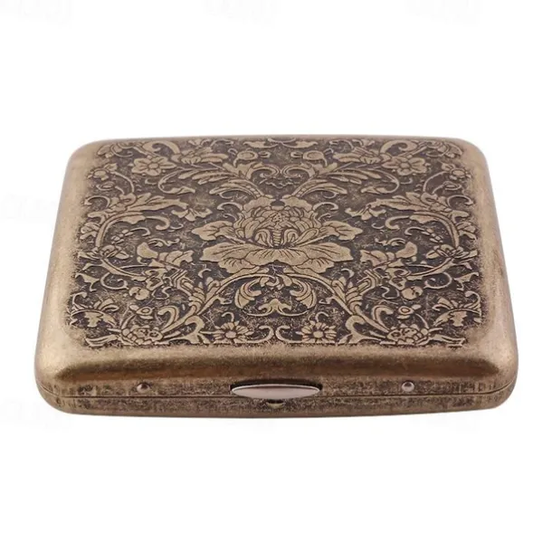 Vintage Cigarette Case with Both Sides Open to Support Generation of Bronze Condensed Flower Metal Flip-top Carved(Can Hold 20 Cigarette)