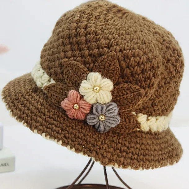 Vintage Flower Crochet Bucket Hat Thick Coldproof Basin Hats Warm Fisherman Cap For Women daily use Autumn & Winter