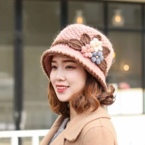 Vintage Flower Crochet Bucket Hat Thick Coldproof Basin Hats Warm Fisherman Cap For Women daily use Autumn & Winter