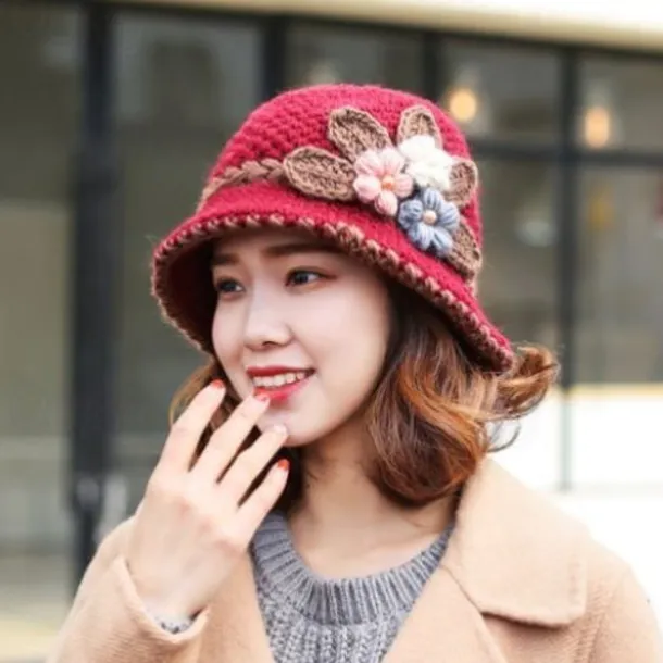 Vintage Flower Crochet Bucket Hat Thick Coldproof Basin Hats Warm Fisherman Cap For Women daily use Autumn & Winter
