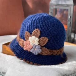 Vintage Flower Crochet Bucket Hat Thick Coldproof Basin Hats Warm Fisherman Cap For Women daily use Autumn & Winter