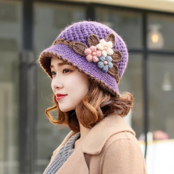 Vintage Flower Crochet Bucket Hat Thick Coldproof Basin Hats Warm Fisherman Cap For Women daily use Autumn & Winter