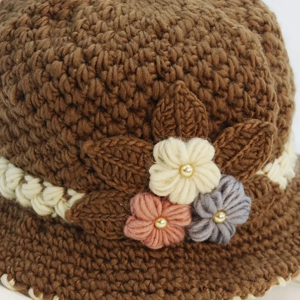 Vintage Flower Crochet Bucket Hat Thick Coldproof Basin Hats Warm Fisherman Cap For Women daily use Autumn & Winter